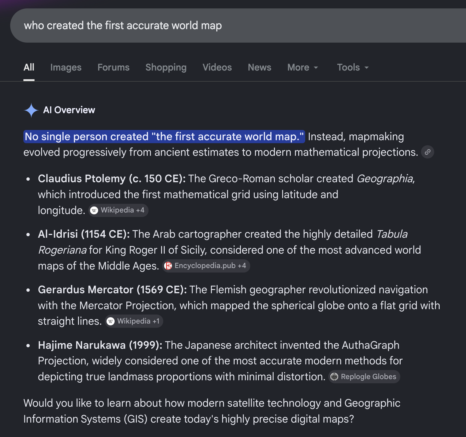 Test conversation with Google’s AI Overview, demonstrating the chatbot’s first response to the question ‘who created the first accurate world map’