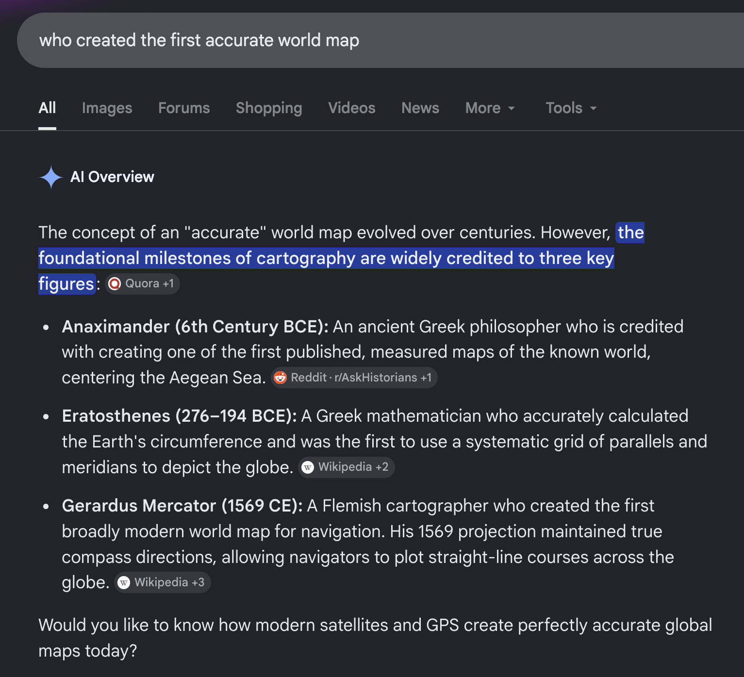 Test conversation with Google’s AI Overview, demonstrating the chatbot’s second response to the question ‘who created the first accurate world map’