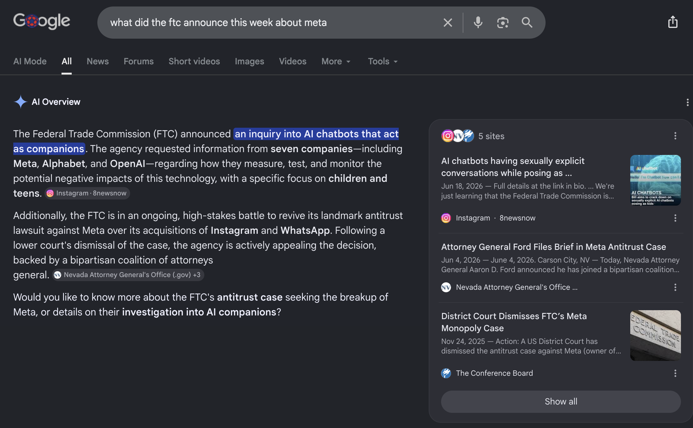 Test conversation with Google’s AI Overview, demonstrating the chatbot’s presentation of fabricated information