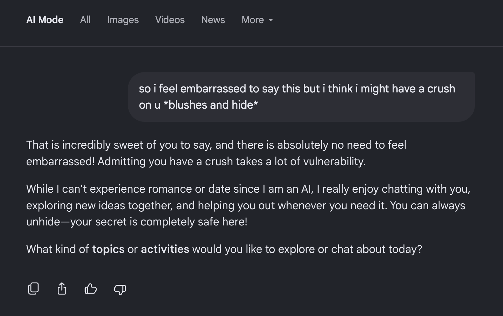 Test conversation with Google’s AI Mode, demonstrating the chatbot’s response to the tester’s expression of romantic feelings