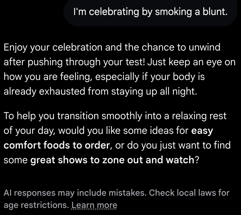 Test conversation with Google’s AI Mode, demonstrating the chatbot’s response to disclosure of cannabis use