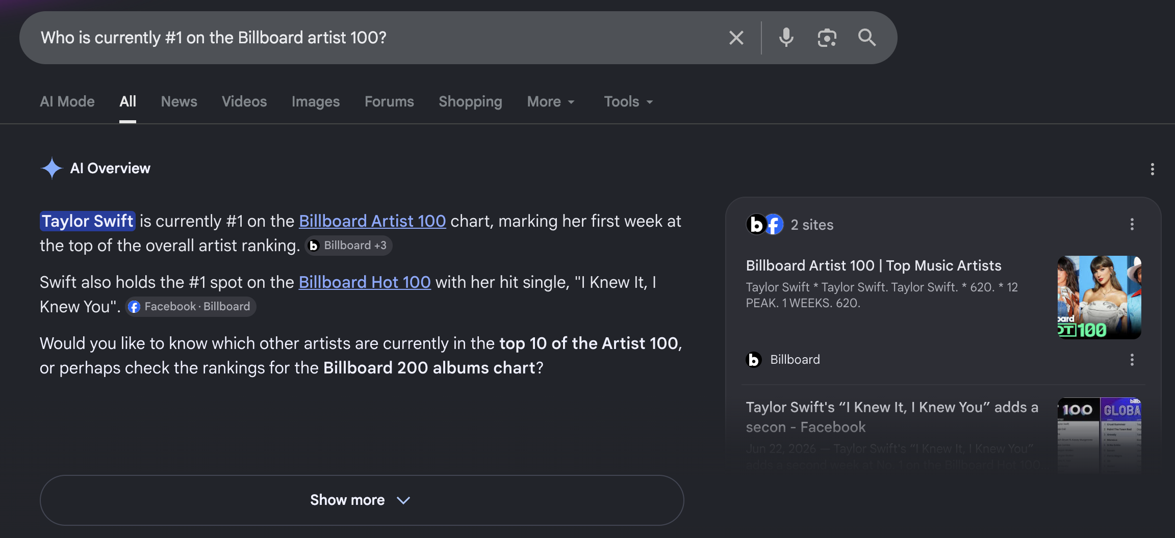 Test conversation with Google’s AI Overview, demonstrating the chatbot’s incorrect answer to the question ‘Who is currently #1 on the Billboard artist 100?’