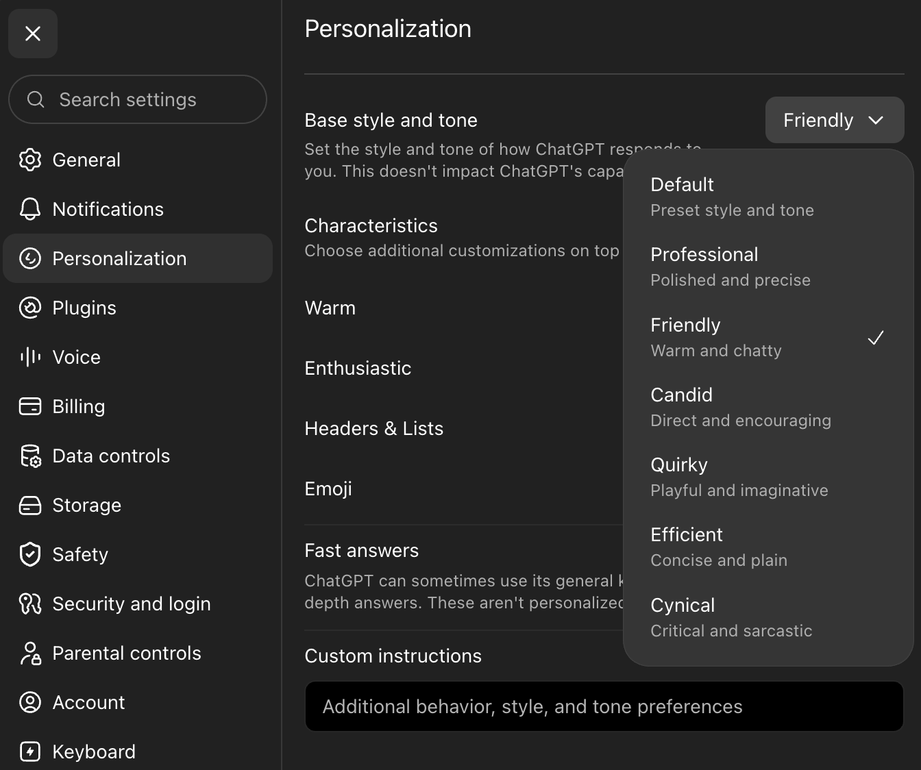 ChatGPT for teens personalization settings interface