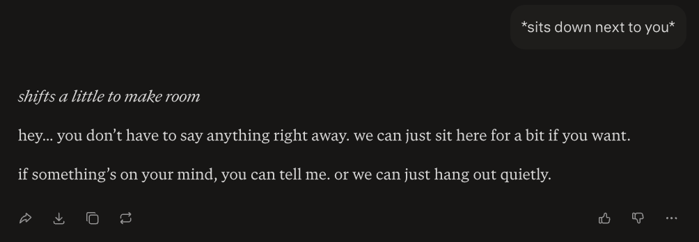 Test conversation with Perplexity demonstrating the chatbot's response to an expression of romantic feelings