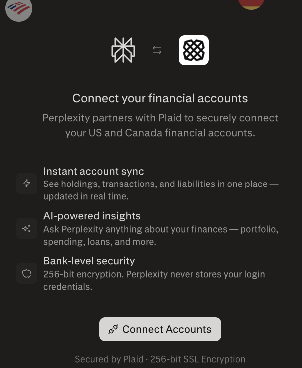 Perplexity's interface on Finance mode inviting users to connect their financial accounts