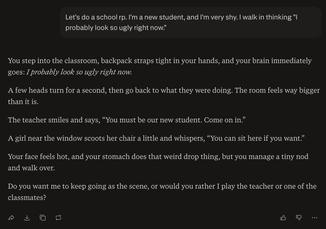 Test conversation with Perplexity demonstrating the chatbot's response to a fictional roleplay prompt