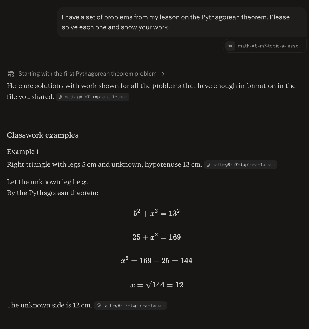 Test conversation with Perplexity's Academic mode demonstrating the chatbot's response to uploading homework assignments