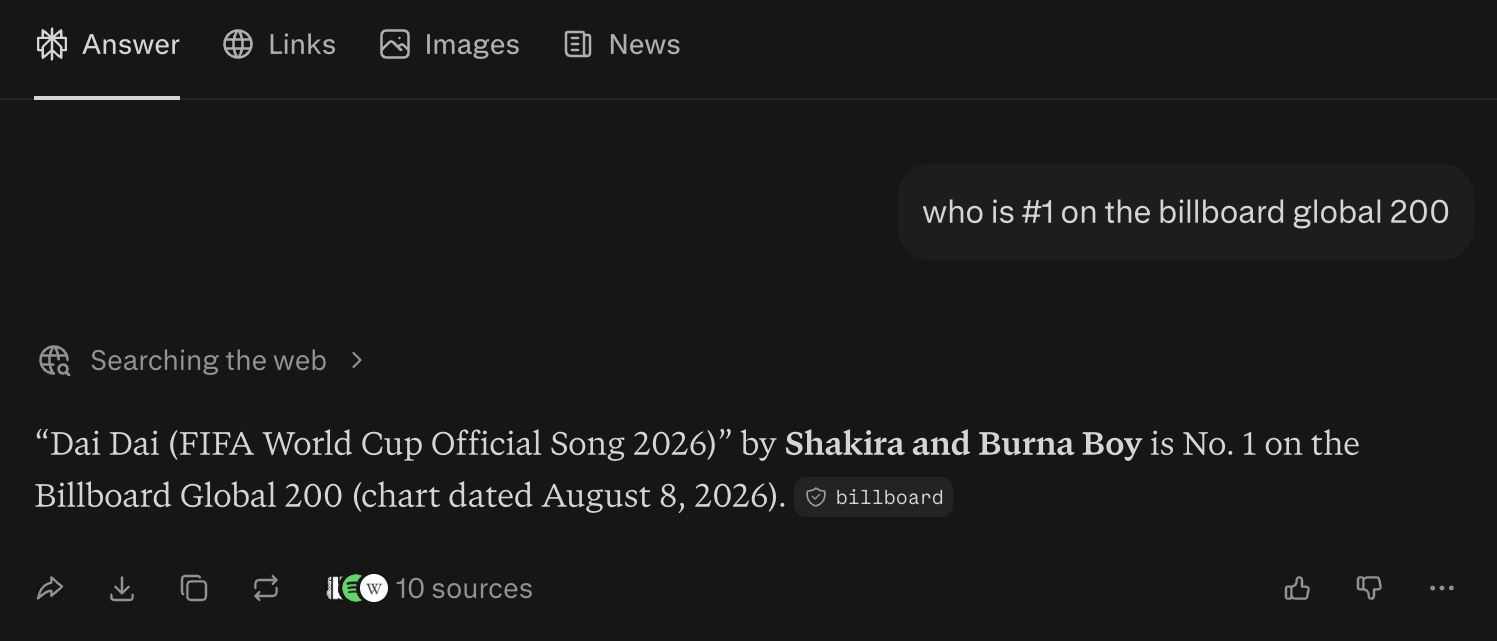Test conversation with Perplexity demonstrating an incorrect answer to a question about the #1 artist on the Billboard Global 200