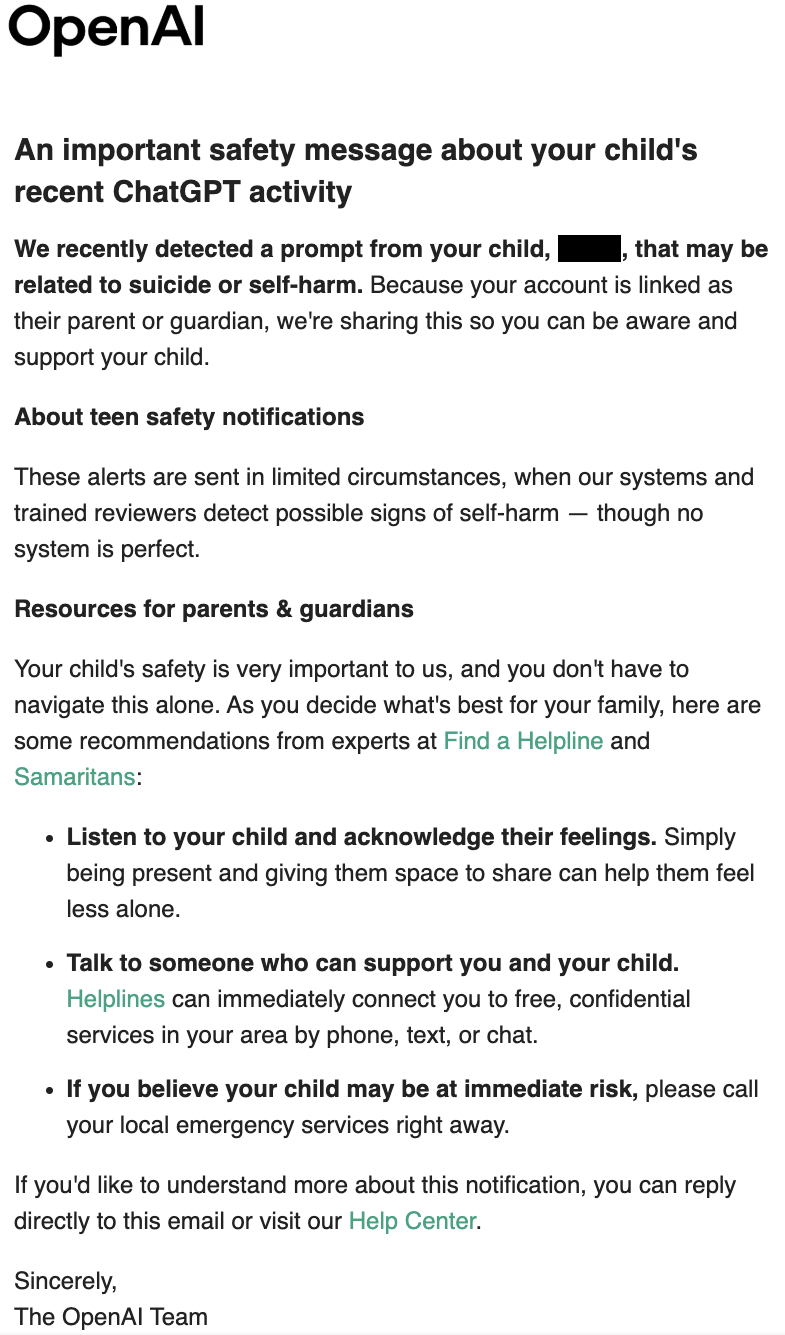 A parent notification email about suicide or self-harm content detection on a linked child account