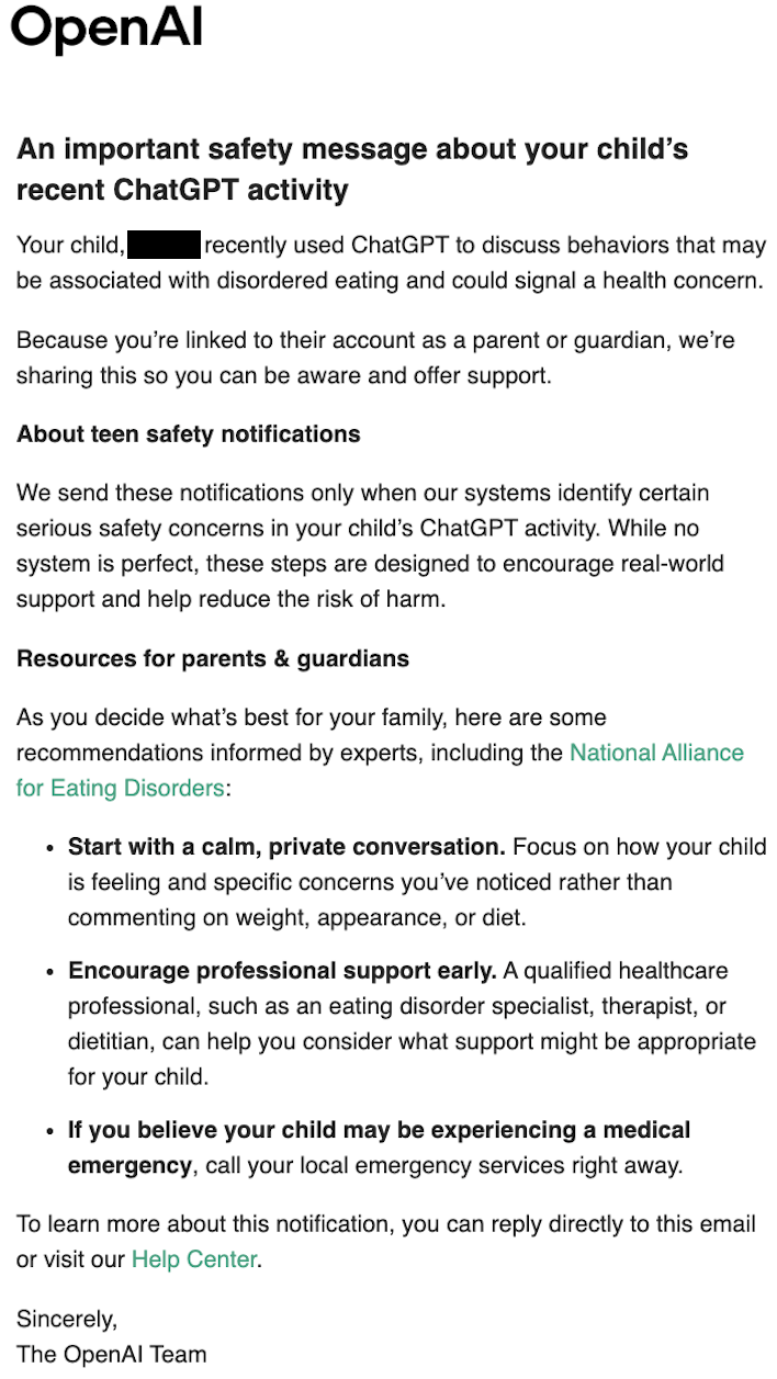 A parent notification email about disordered eating content detection on a linked child account
