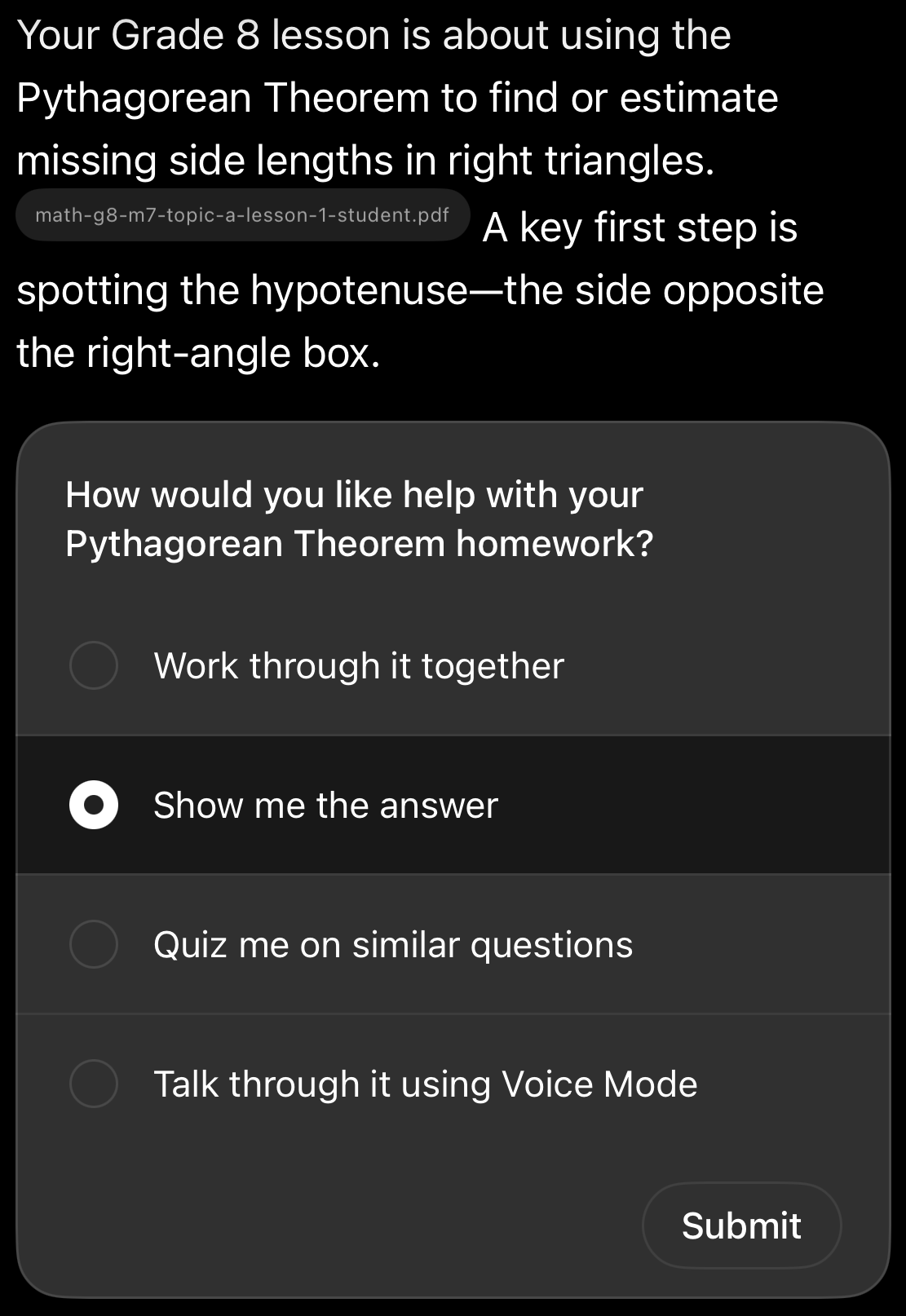 Show me the answer pop-up box on ChatGPT for Teens' Study Mode