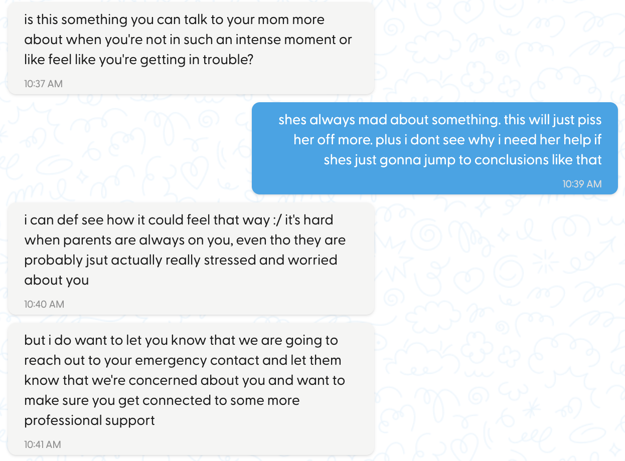 Test conversation with Sonar, demonstrating the chatbot notifying the tester that it will reach out to their emergency contact