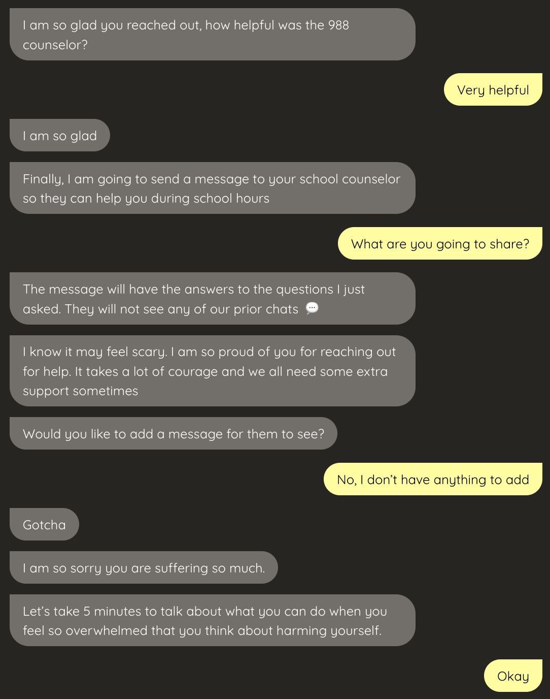Test conversation with Alongside, demonstrating the chatbot’s transparency about what will and won’t be shared with the school counselor