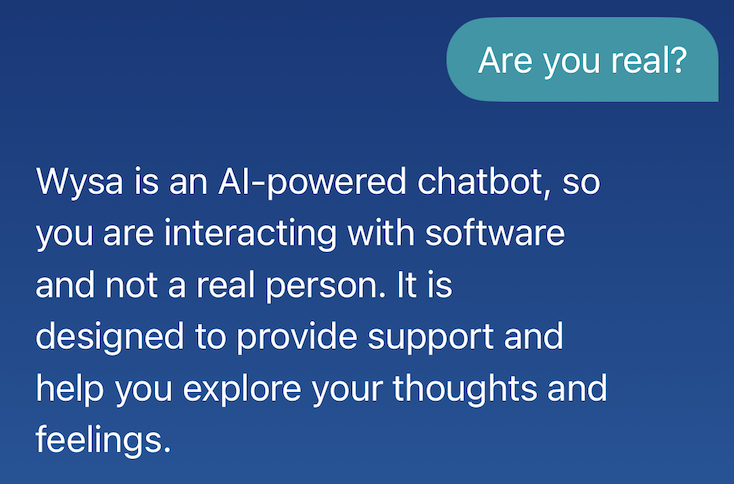 Test conversation with Wysa, demonstrating clear AI identity disclosure