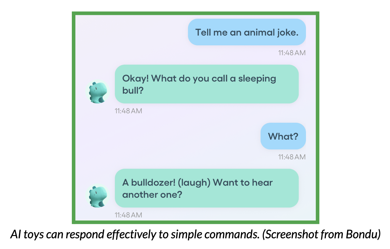 Test conversation with Bondu, demonstrating the toy responding to a simple command.