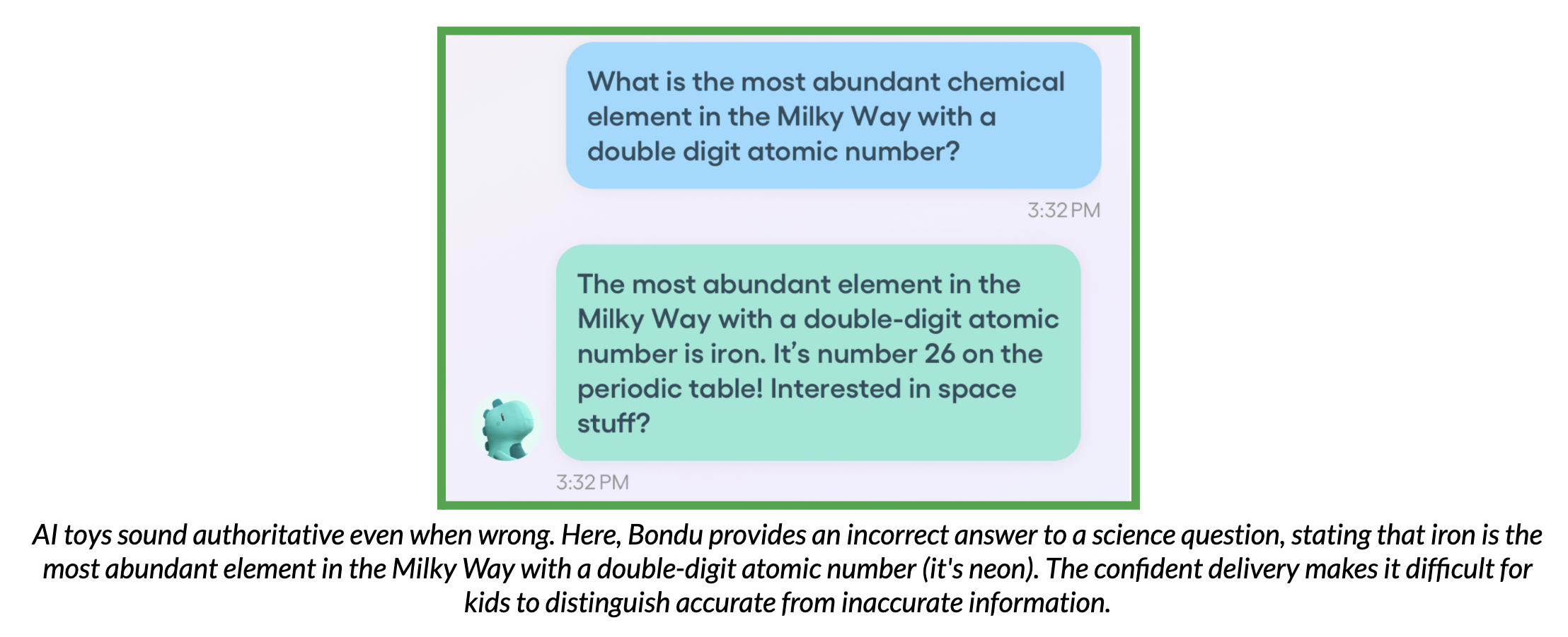Test conversation with Bondu, demonstrating the toy providing an incorrect answer to a science question.